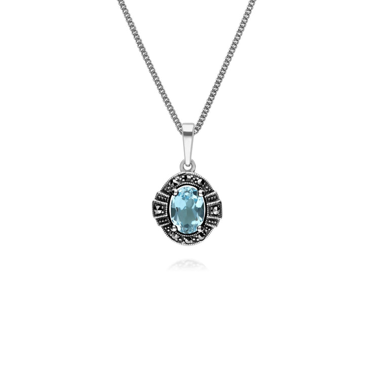 Ciondolo e anello in stile Art Déco in argento 925 con topazio azzurro e marcasite a grappolo ovale