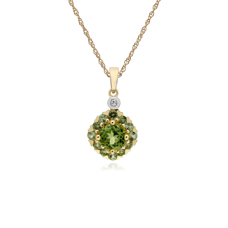 Pendente con peridoto rotondo e diamante quadrato in oro giallo da 9 ct su catena da 45 cm