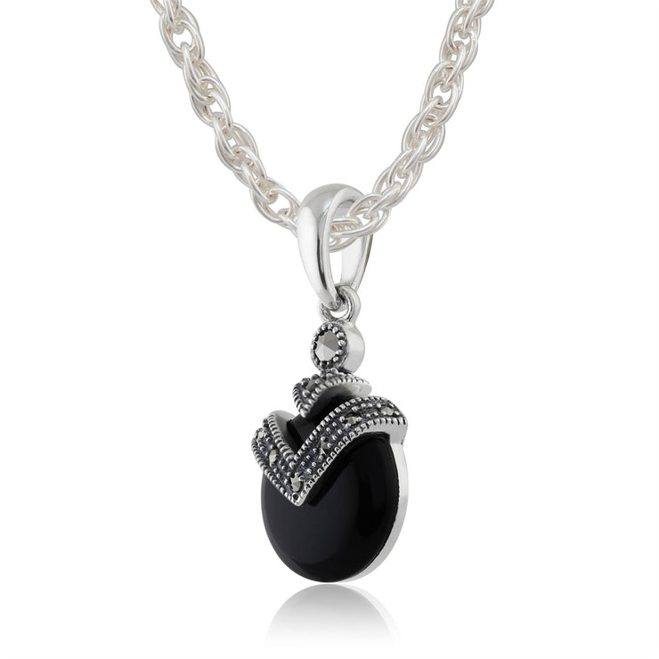 Orecchini pendenti e pendenti in stile Art Déco in argento 925 con onice nero, cabochon e marcasite