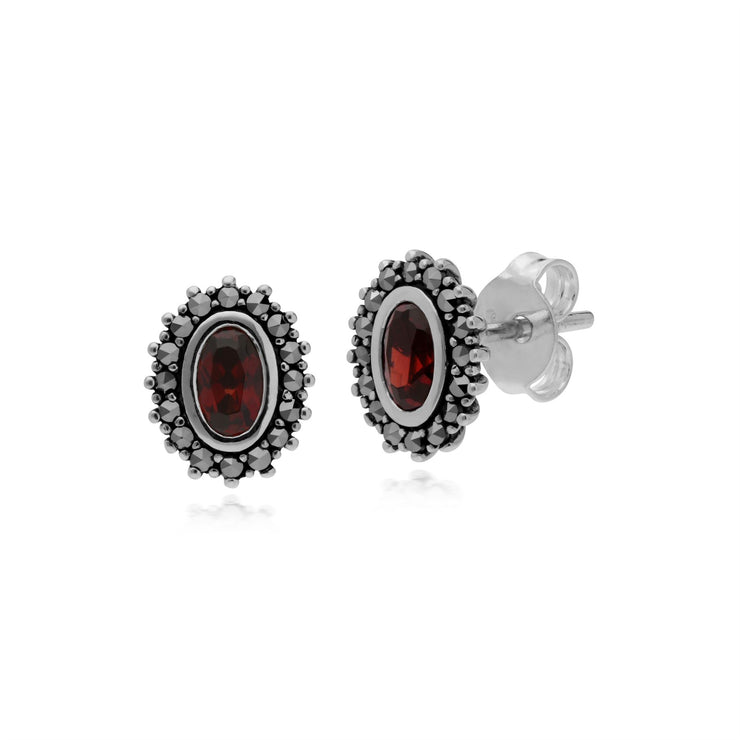 Pendente collana e orecchini ovali granato e marcasite in argento 925 in stile Art Déco