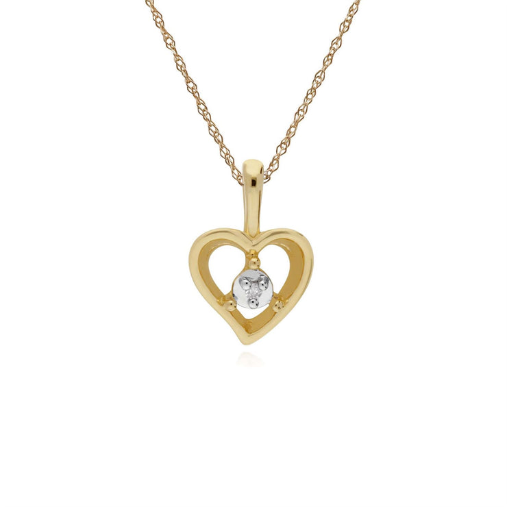 Collana con diamanti, pendente a cuore con pietra singola in oro giallo da 9 ct su catena da 45 cm