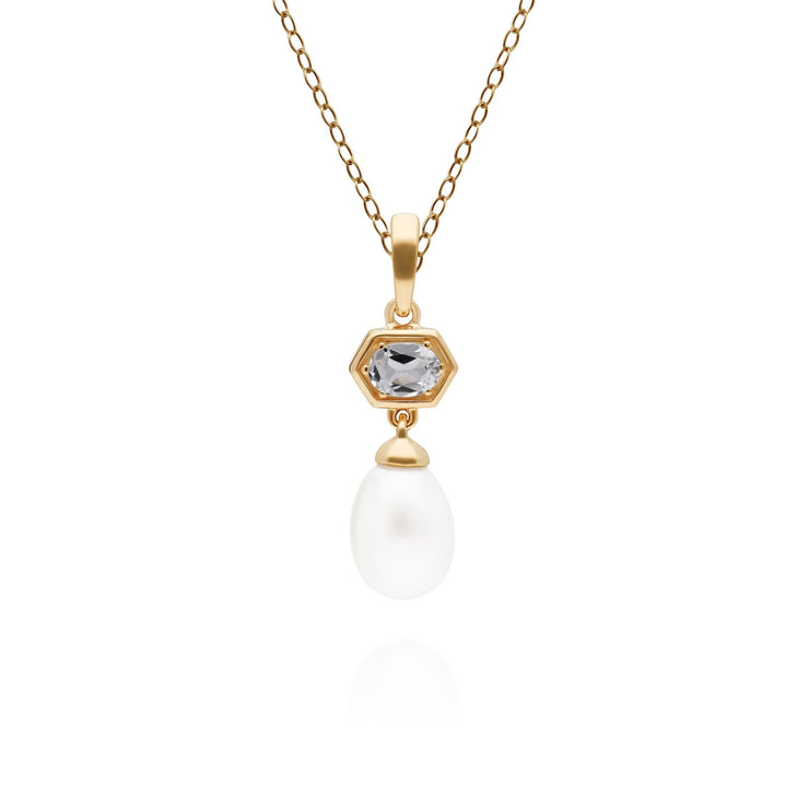 Ciondolo moderno con perla esagonale in argento 925 placcato oro, perla e topazio bianco