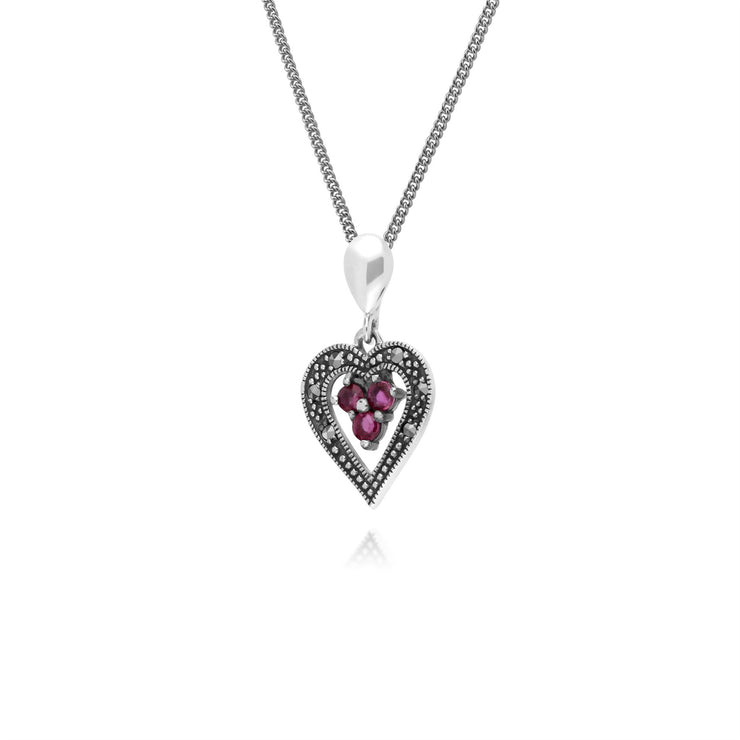 Collana in argento sterling con rubini e marcasite, cuore da 45 cm