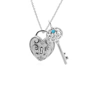 Classico ciondolo con lucchetto a cuore intrecciato in argento 925 e grandi ciondoli con chiave turchese
