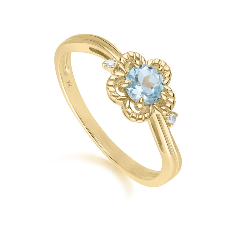 Anello floreale in oro giallo 375 con topazio azzurro e diamante rotondo