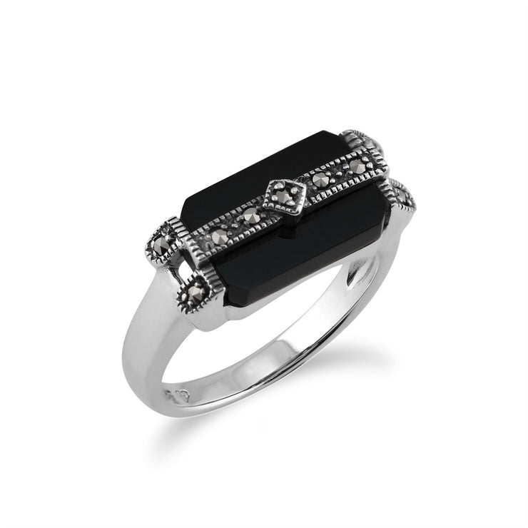 Anello in argento sterling da 2,5 ct con onice nero e marcasite in stile Art Déco