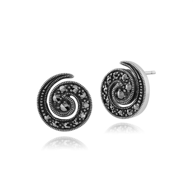 Orecchini a lobo a spirale in stile Art Nouveau in argento 925 marcasite