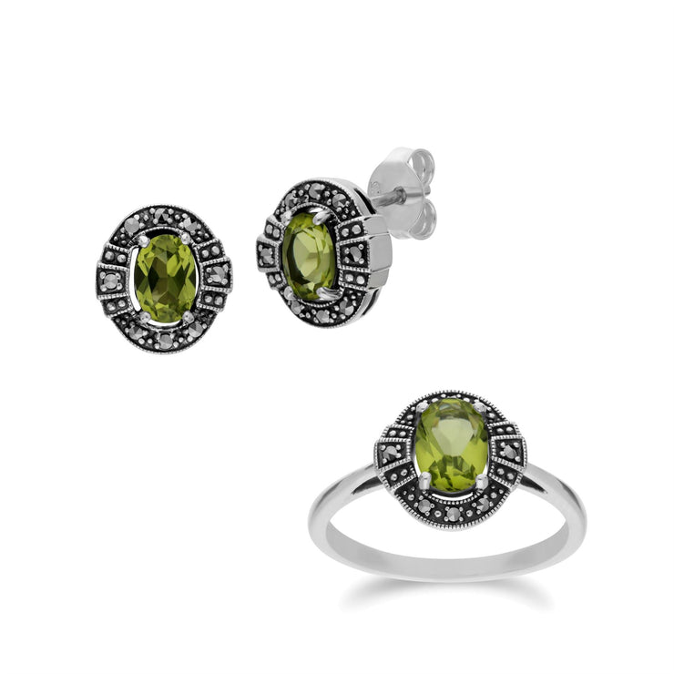 Orecchini a lobo e anello in stile Art Déco in argento 925 con peridoto e marcasite a grappolo ovale