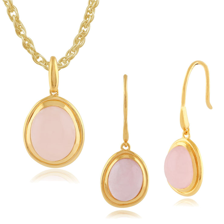 Orecchini pendenti e pendenti Boho in argento 925 placcato oro giallo con castone ovale al quarzo rosa