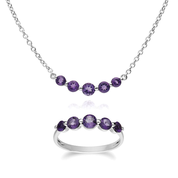 Collana e anello classici con cinque pietre di ametista in argento 925