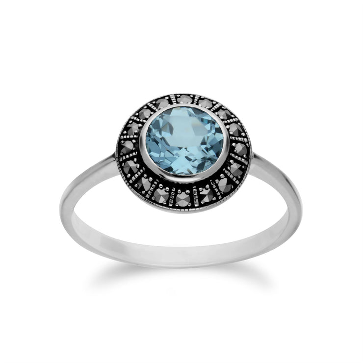 Ciondolo e anello in stile Art Déco Argento 925 con topazio azzurro e grappolo rotondo di marcasite