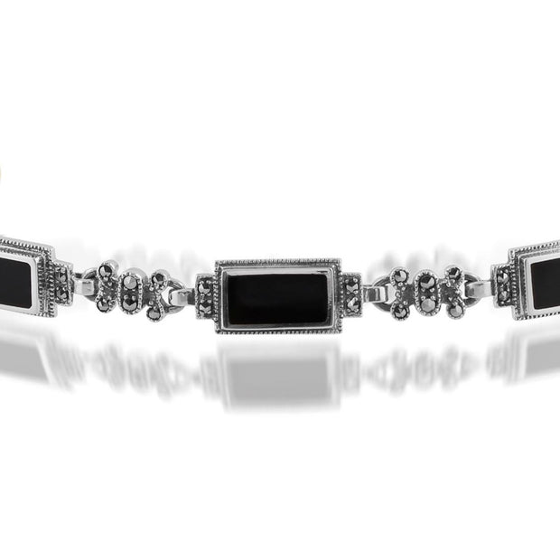 Bracciale in stile Art Deco Argento 925 rettangolare con onice nero e marcasite