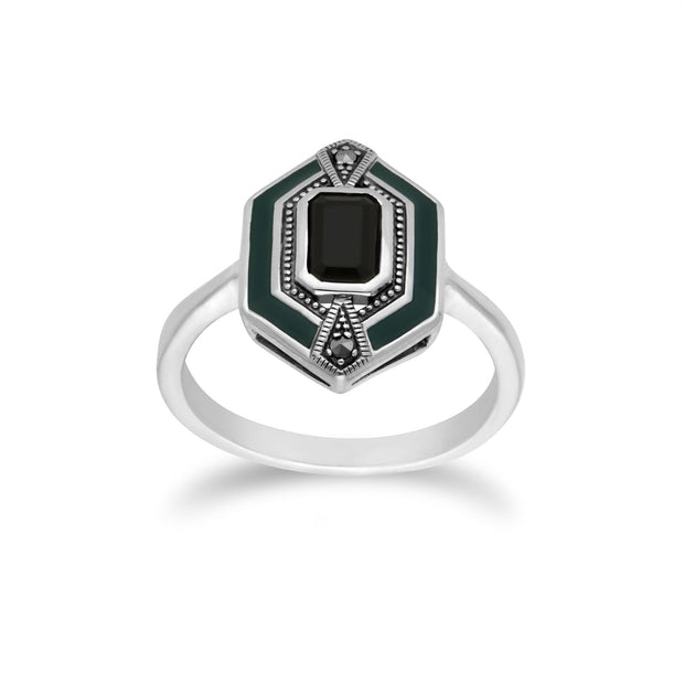 Gemondo Anello esagonale da donna in argento sterling con onice nero, marcasite e smalto verde - Onice