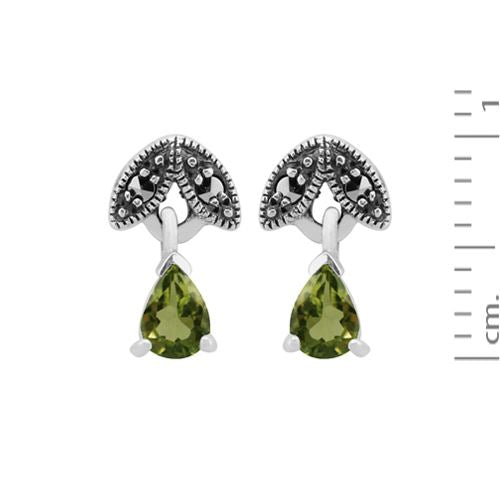 Orecchini pendenti in argento 925 in stile Art Nouveau, pera, peridoto e marcasite