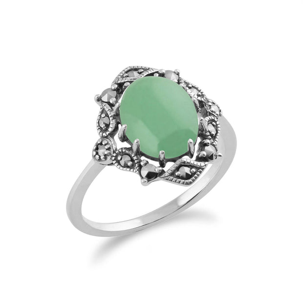 Anello Gemondo in argento 925 con giada verde e marcasite di ispirazione vintage in stile Art Nouveau