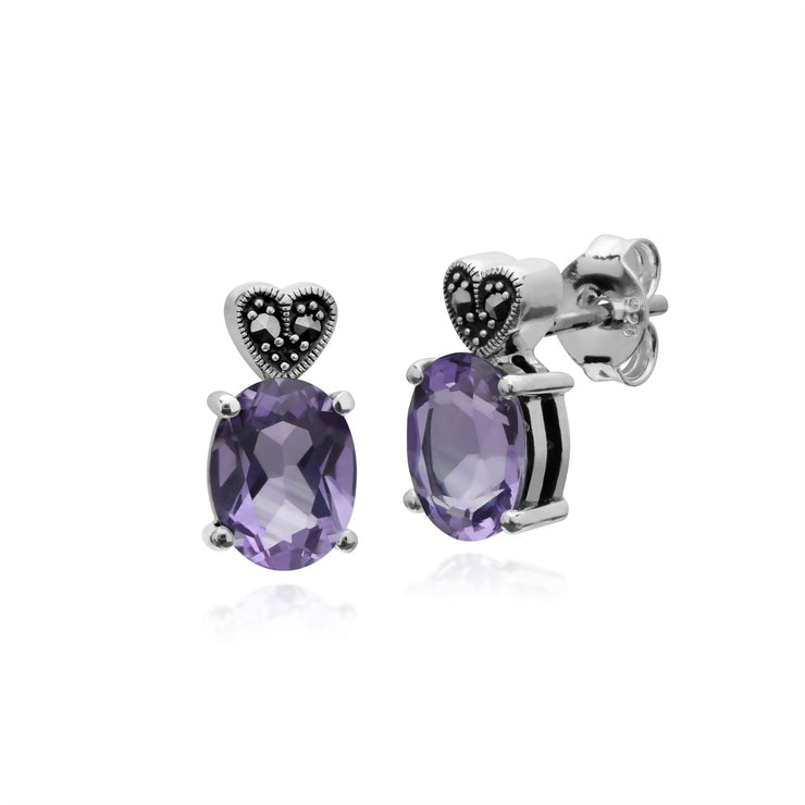 Orecchini a lobo e pendante collana in stile Art Déco Argento 925 con ametista ovale e marcasite