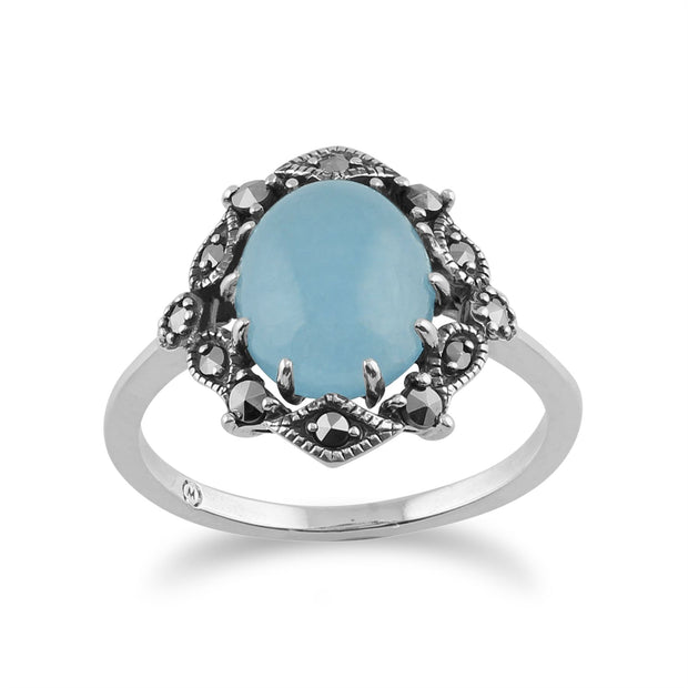 Anello Gemondo in argento 925 con giada blu e marcasite di ispirazione vintage in stile Art Nouveau