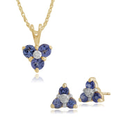 Orecchini a lobo e pendente floreale Tanzanite in oro giallo 375 e diamanti