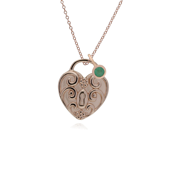 Ciondolo classico con lucchetto a cuore intrecciato in argento 925 placcato oro rosa e ciondoli con smeraldi