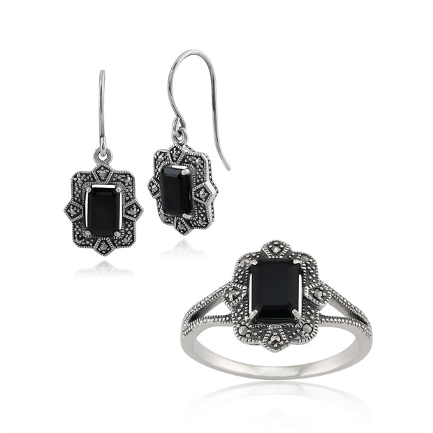 Orecchini pendenti e anello in stile Art Déco Argento 925 Baguette con spinello nero e castone in marcasite