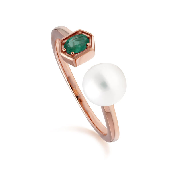 Anello aperto con perla moderna Argento 925 placcato oro rosa Perla e smeraldo