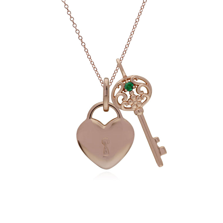 Ciondolo classico con lucchetto a cuore in argento 925 placcato oro rosa e grandi ciondoli con chiave in smeraldo