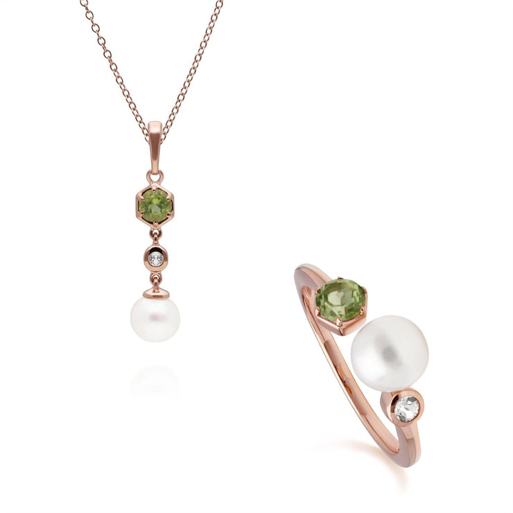 Anello e pendente con perla moderna Argento 925 placcato oro rosa Peridoto, topazio e perla