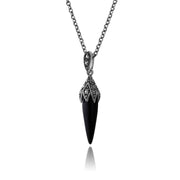 Collana e orecchini con pendente in stile Art Déco Argento 925 Cabochon di onice nero e marcasite