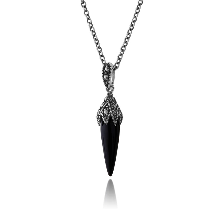Collana e orecchini con pendente in stile Art Déco Argento 925 Cabochon di onice nero e marcasite