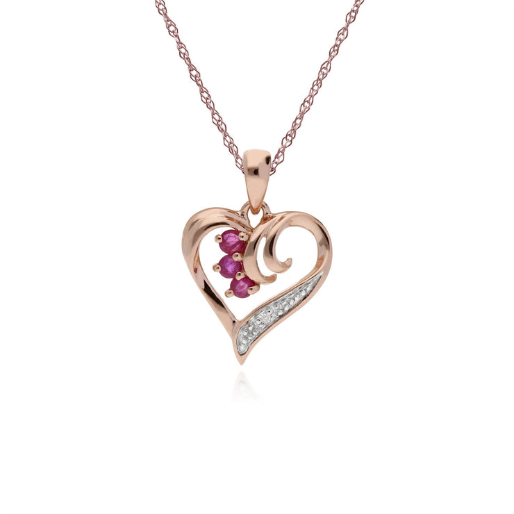 Collana con rubini, pendente a cuore con rubino e diamanti in oro rosa da 9 ct da 0,13 ct su catena da 45 cm