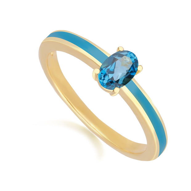 Anello con smalto blu valzer siberiano e topazio blu London in argento placcato oro fino