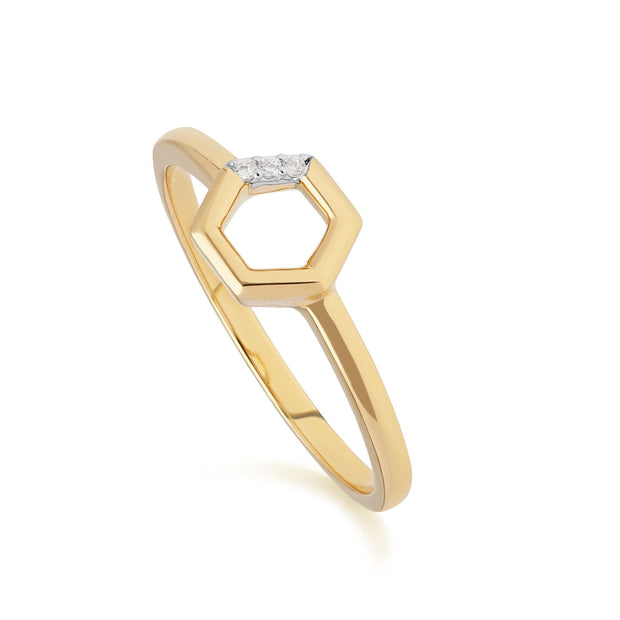 Anello aperto esagonale in oro giallo 375 con diamanti