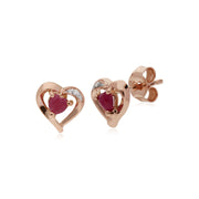 Orecchini con rubino, orecchini a bottone a cuore con rubino naturale e diamanti in oro rosa da 9 ct