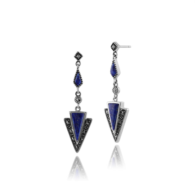 Collana e orecchini con pendente a triangolo in stile Art Déco, argento 925, lapislazzuli e marcasite