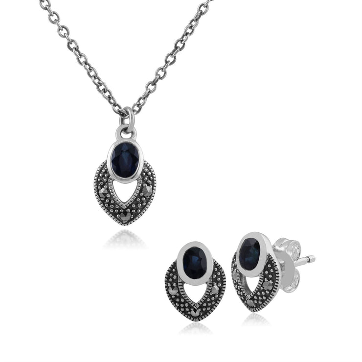 Collana e orecchini in argento 925 stile Art Déco con zaffiri ovali e marcasite