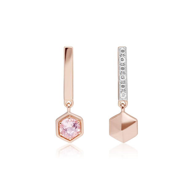 Mini orecchini pendenti asimmetrici in oro rosa 375 con Morganite e diamanti