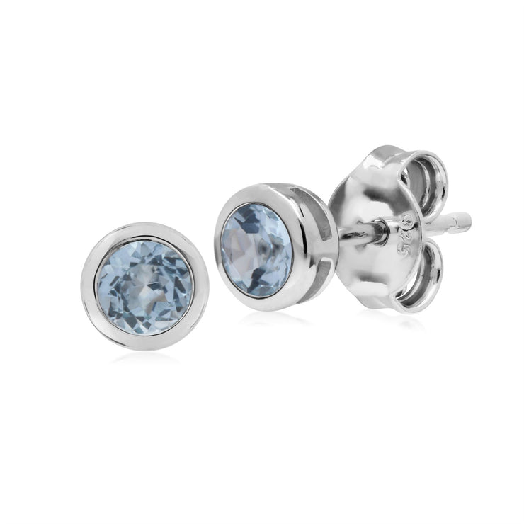 Orecchini acquamarina, orecchini a bottone rotondi Chaton acquamarina semplici in argento sterling