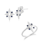 Anello e orecchini a forma di stella in stile Art Nouveau in argento 925 con zaffiro rotondo