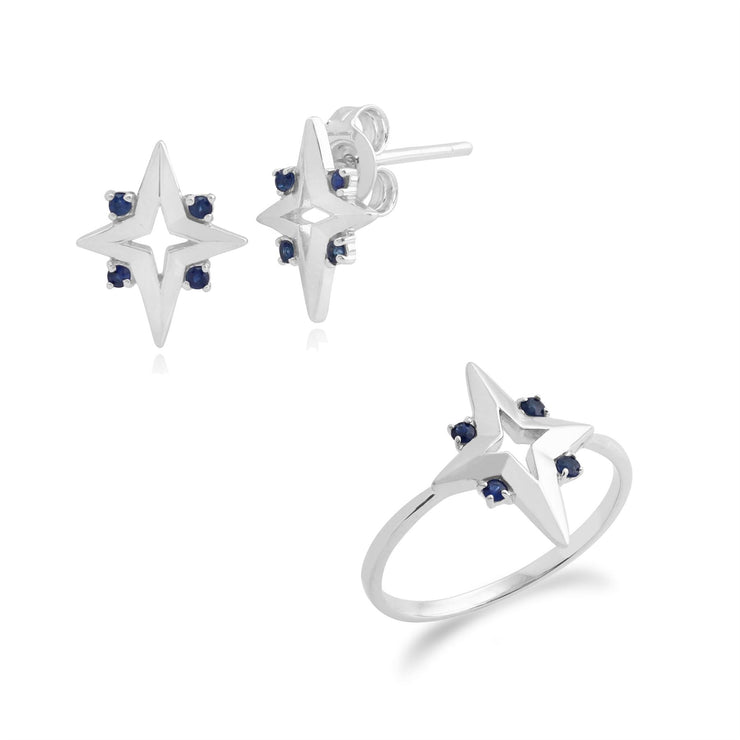 Anello e orecchini a forma di stella in stile Art Nouveau in argento 925 con zaffiro rotondo