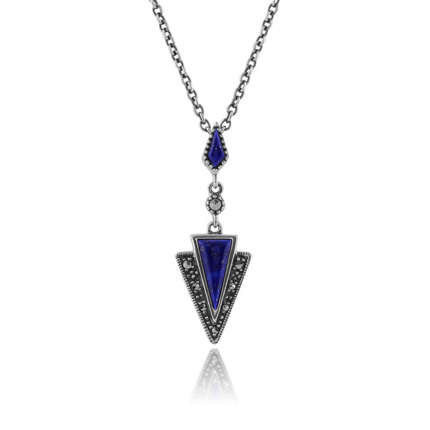 Collana e orecchini con pendente a triangolo in stile Art Déco, argento 925, lapislazzuli e marcasite