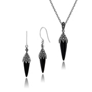 Collana e orecchini con pendente in stile Art Déco Argento 925 Cabochon di onice nero e marcasite