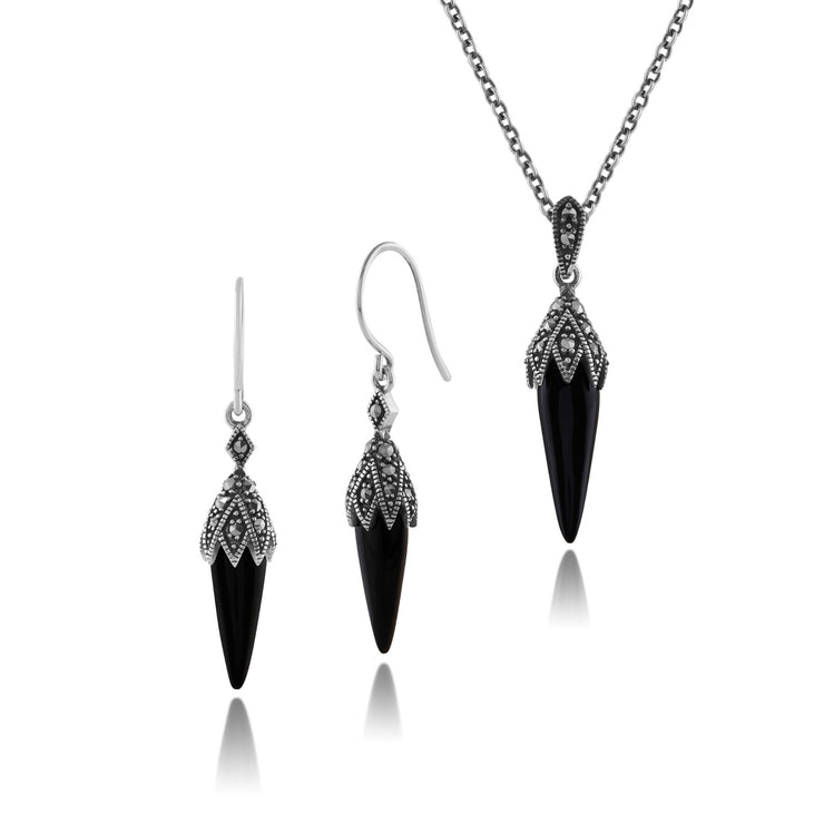 Collana e orecchini con pendente in stile Art Déco Argento 925 Cabochon di onice nero e marcasite