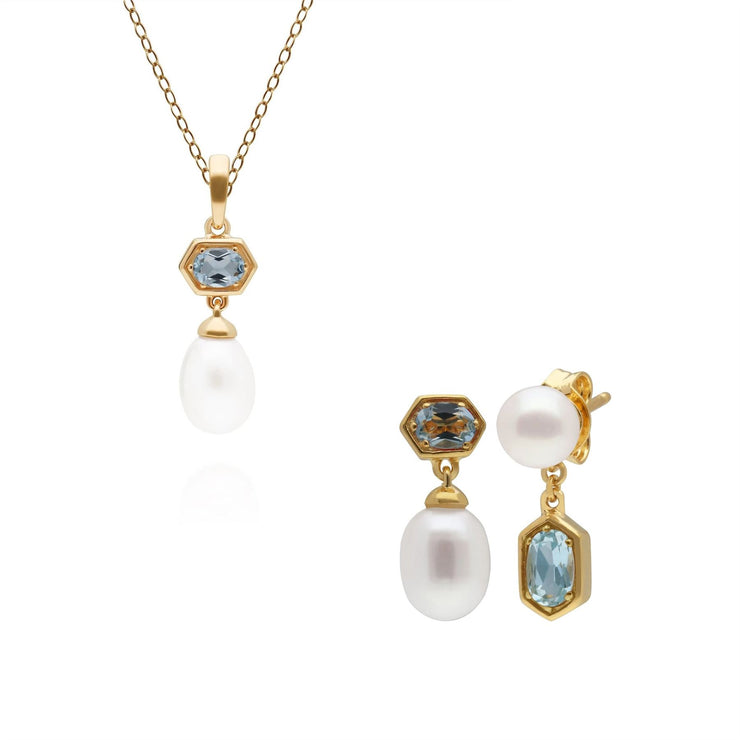 Orecchini e ciondolo di perle moderne in argento 925 placcato oro con topazio azzurro