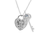 Ciondolo classico con lucchetto a cuore intrecciato in argento 925 e ciondoli con chiave grande acquamarina