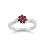 Anello Gemondo con rubino, anello a fiore con rubino e diamanti in oro bianco da 9 ct da 0,32 ct