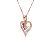 Collana con rubini, pendente a cuore con rubino e diamanti in oro rosa da 9 ct da 0,13 ct su catena da 45 cm