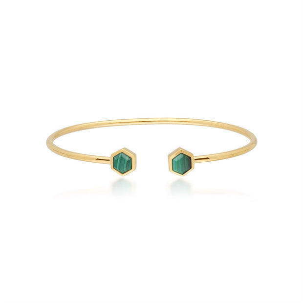 Bracciale rigido geometrico in argento 925 con esagono di malachite placcato oro giallo