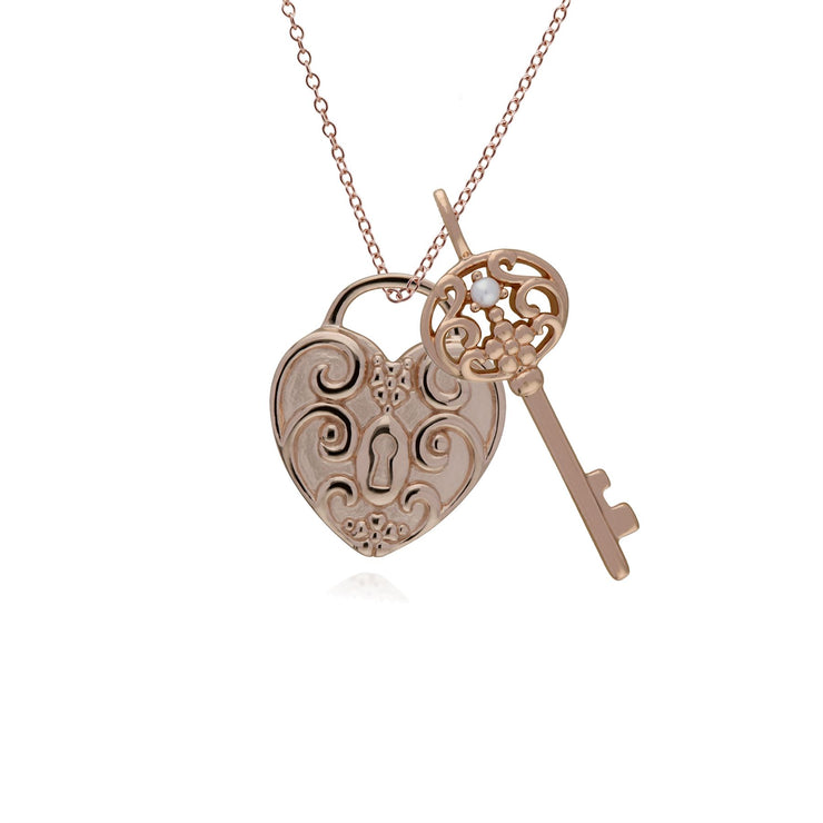 Ciondolo classico con lucchetto a cuore intrecciato in argento 925 placcato oro rosa e grandi ciondoli con perline chiave