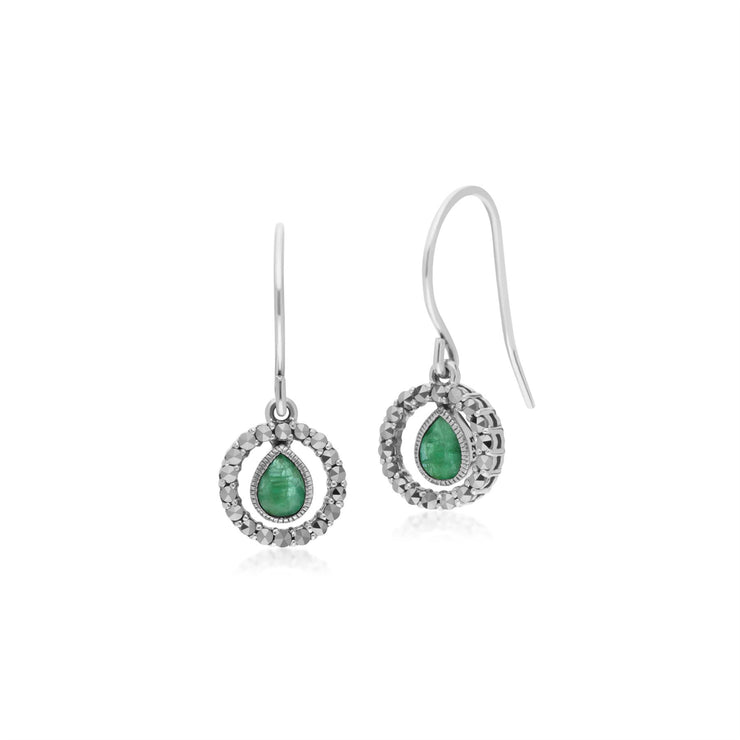 Orecchini pendenti in argento sterling con smeraldi a goccia e marcasite rotonda