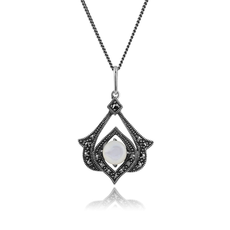 Ciondolo traforato in stile Art Nouveau Argento 925 Madreperla e Marcasite Rotondo